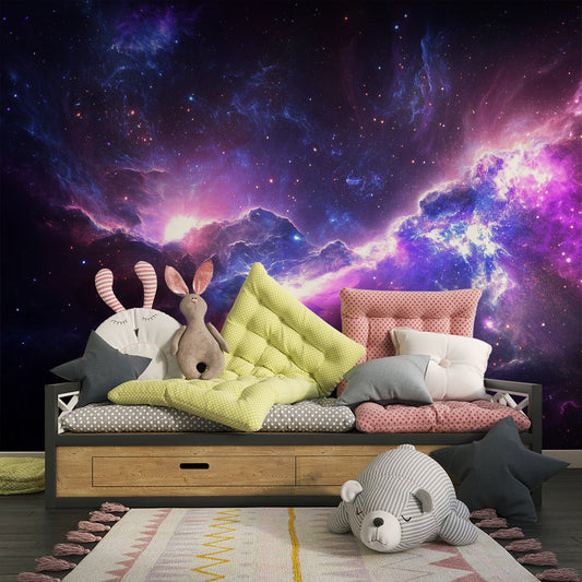 Kids-Mundo purple nebula wall mural covering a feature wall in a space-themed kids' bedroom