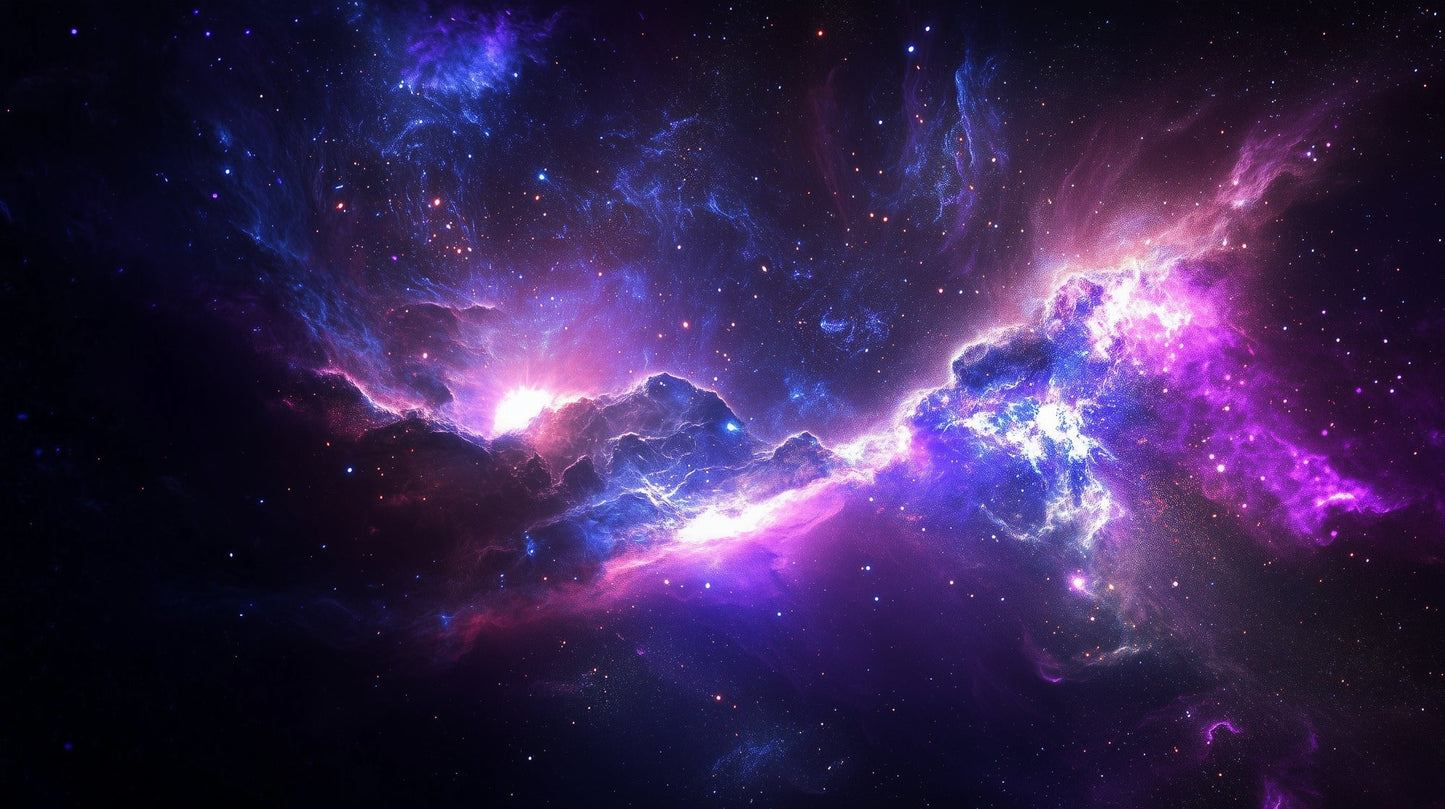 Kids-Mundo flat artwork of a glowing purple and blue nebula with bright stars against black space