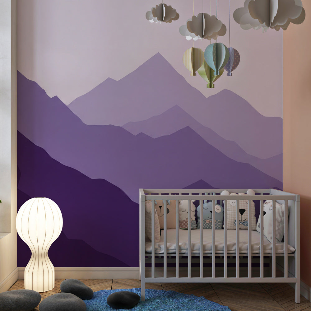 Violet mountain landscape wallpaper in modern kids bedroom setting with natural decor