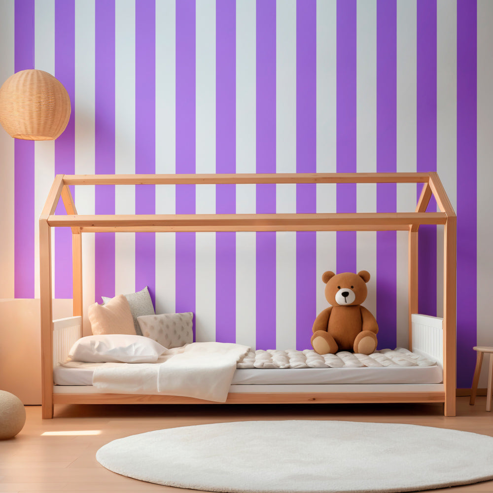 Soft violet stripes wallpaper creating calming kids bedroom atmosphere