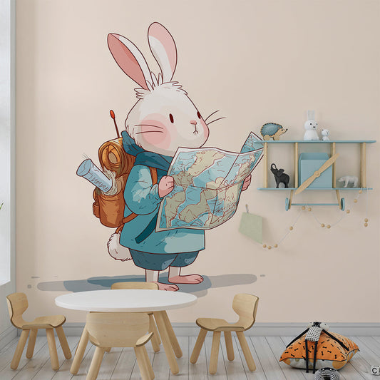 Kids-Mundo rabbit explorer wall mural on a feature wall in a bright kids bedroom.