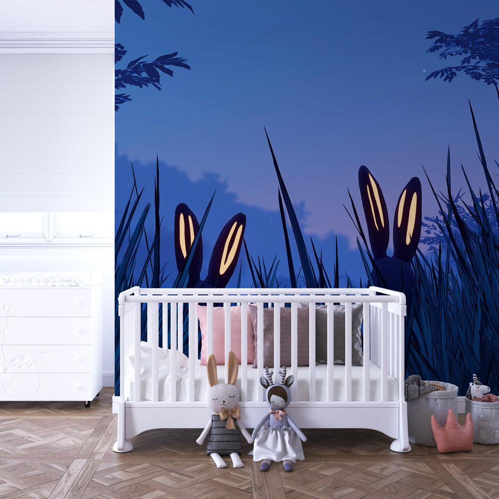 Enchanting rabbit wallpaper with mysterious bunnies transforming children's bedroom into fairytale meadow