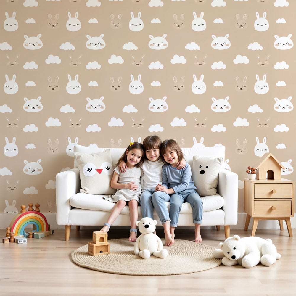 Rabbit mural wallpaper with adorable bunnies and clouds decorating modern nursery by Kids-Mundo