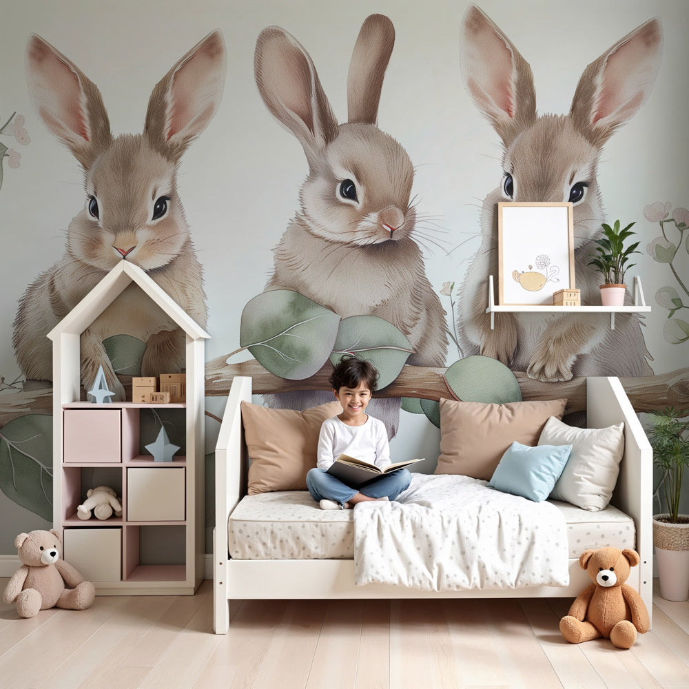 Three bunnies rabbit mural wallpaper in elegant baby nursery setting by Kids-Mundo