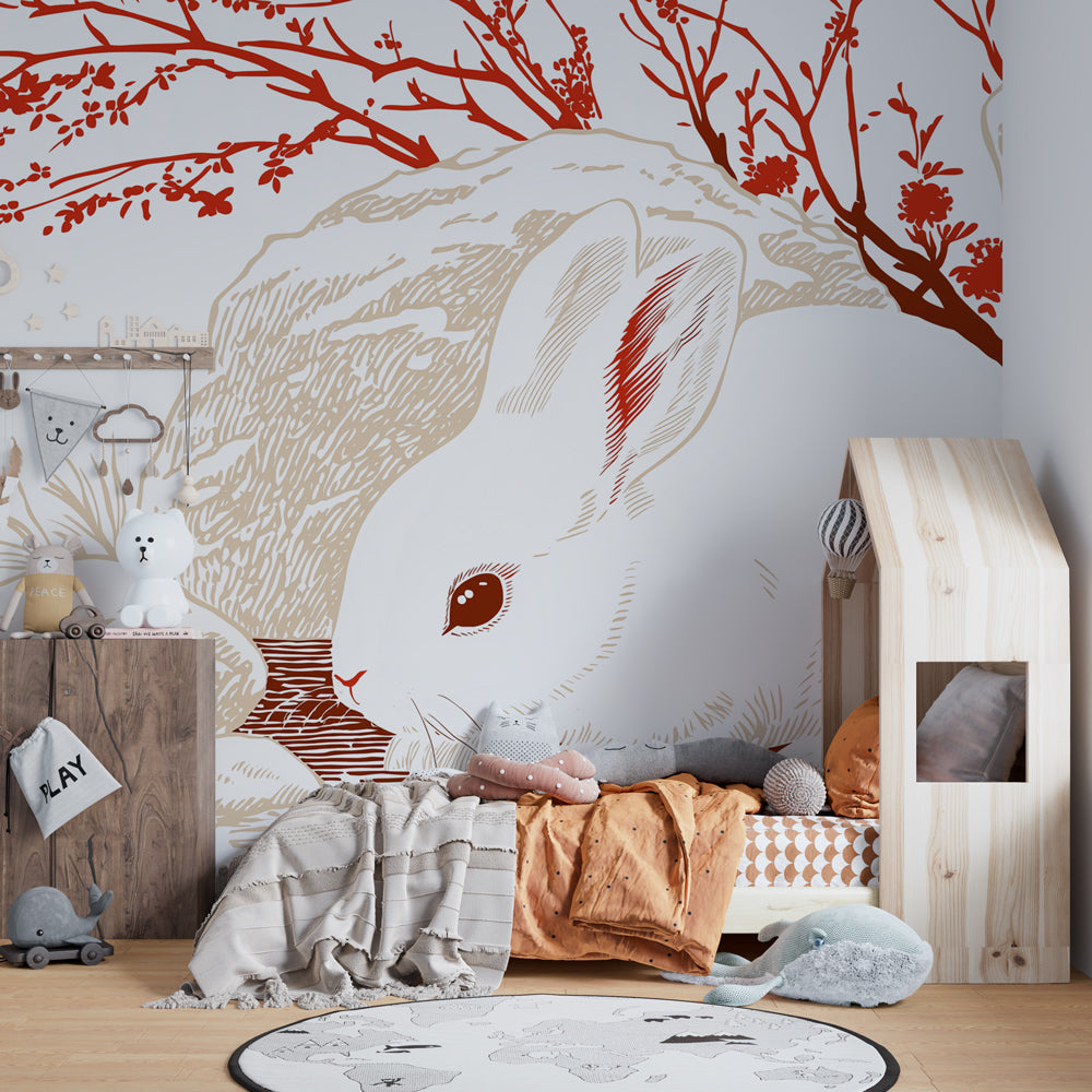 Gentle rabbit garden mural wallpaper creating serene children's bedroom atmosphere