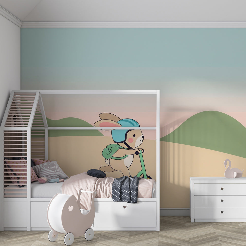 Dynamic rabbit adventure mural wallpaper creating playful nursery atmosphere with soft colors