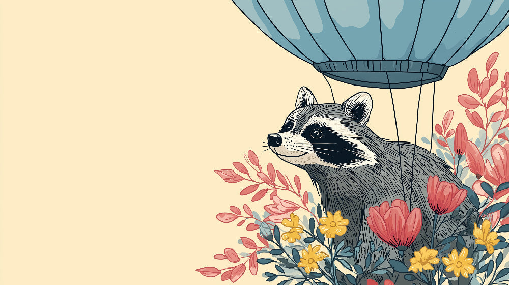 Detailed raccoon adventure mural wallpaper design pattern with floral hot air balloon by Kids-Mundo