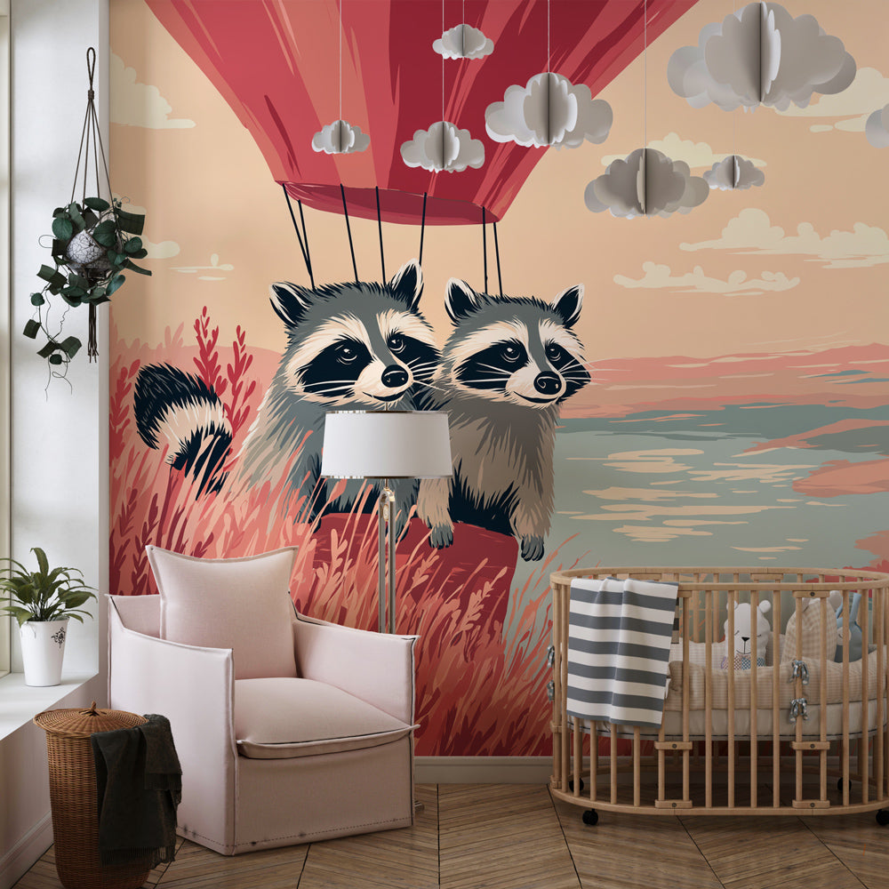 Adventure sky mural wallpaper featuring raccoons in balloons for children's bedroom decor