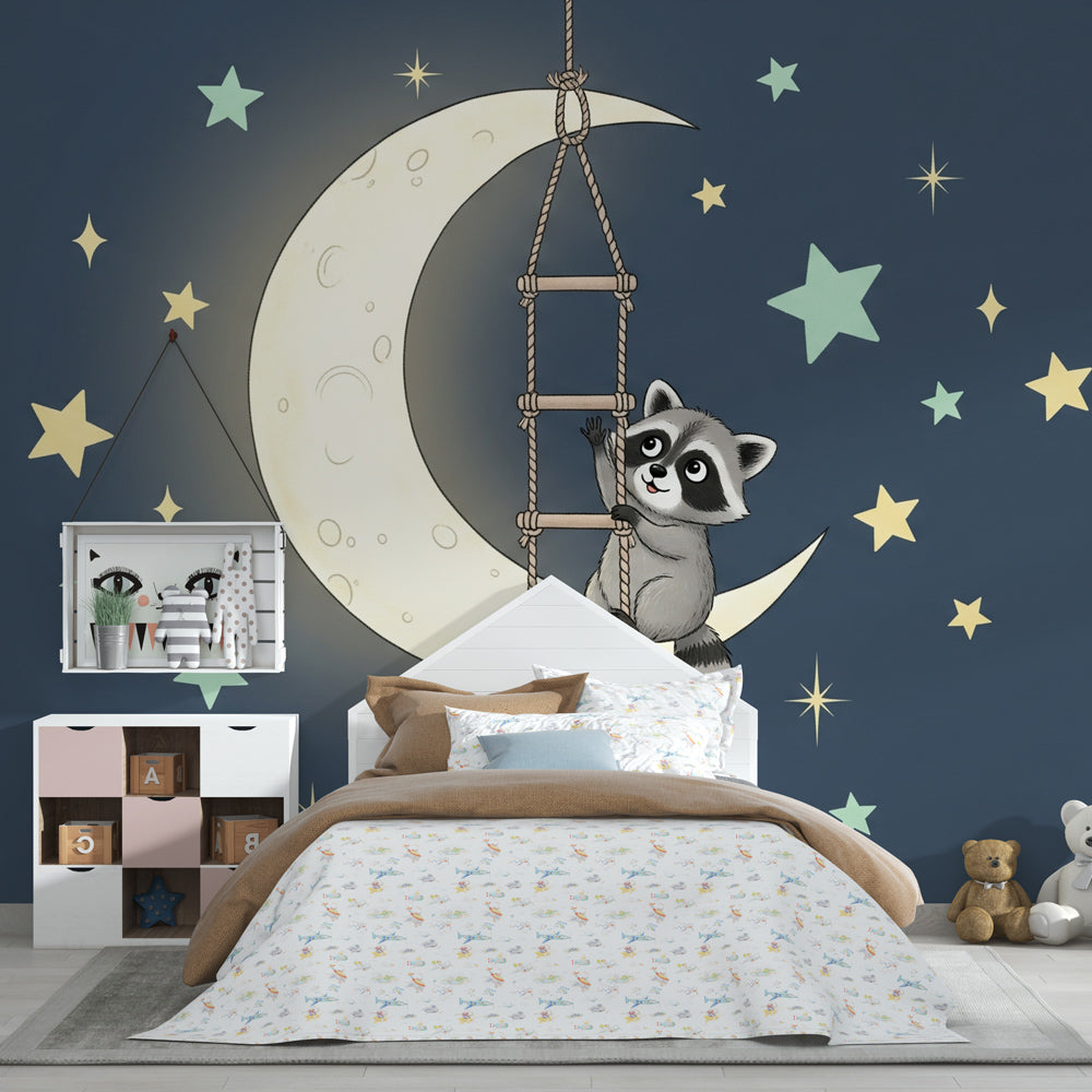 Night sky raccoon wallpaper transforming children's bedroom into magical space