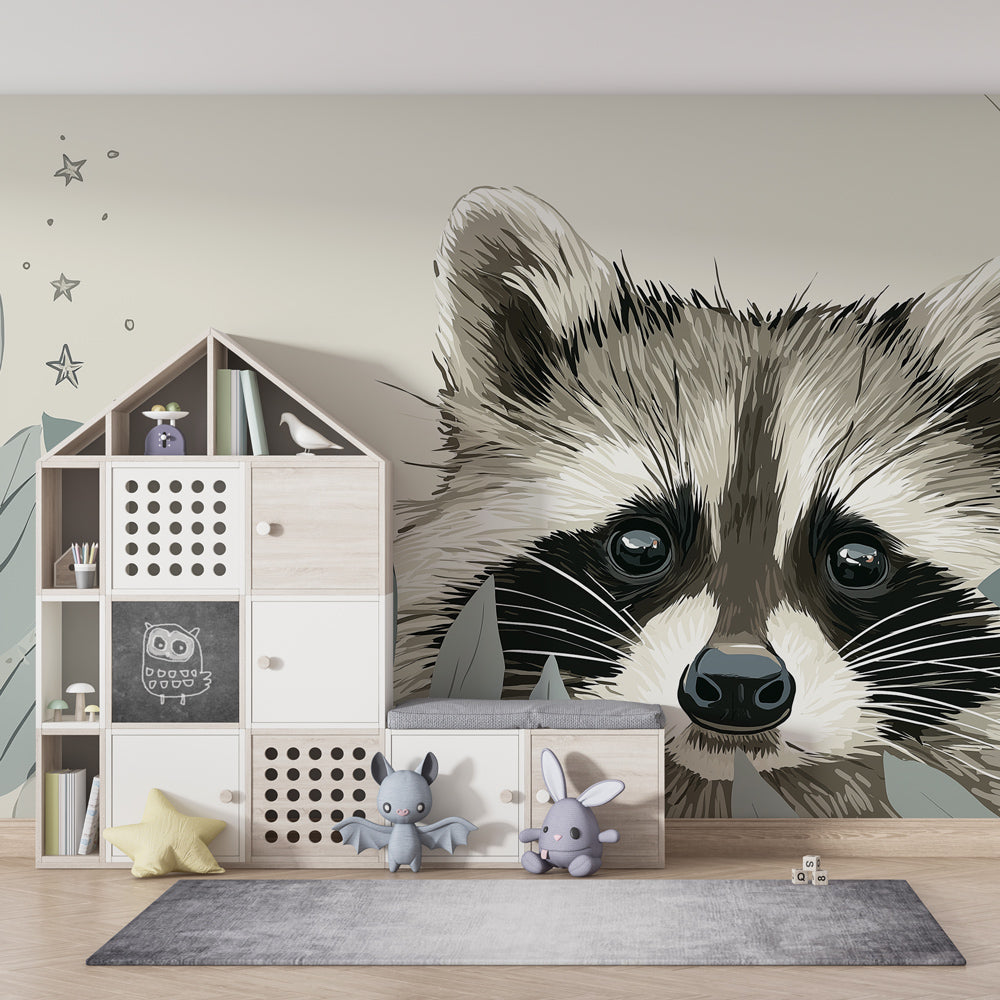 Curious raccoon wallpaper transforming baby bedroom with soft green and beige woodland design