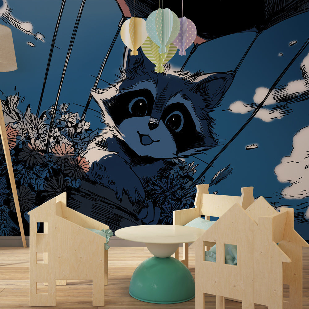 Dreamy raccoon balloon wallpaper creating magical atmosphere in children's bedroom