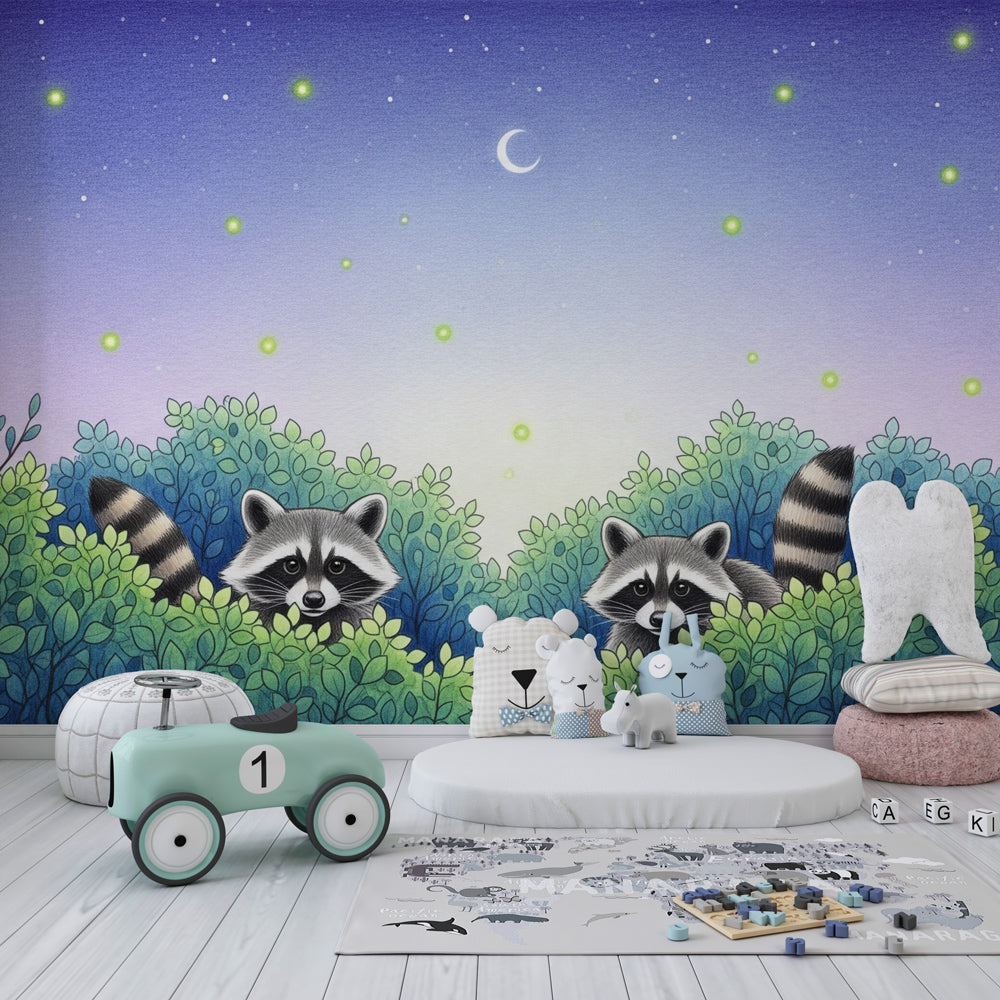 Woodland raccoon mural wallpaper creating magical forest nursery decor with purple starry sky