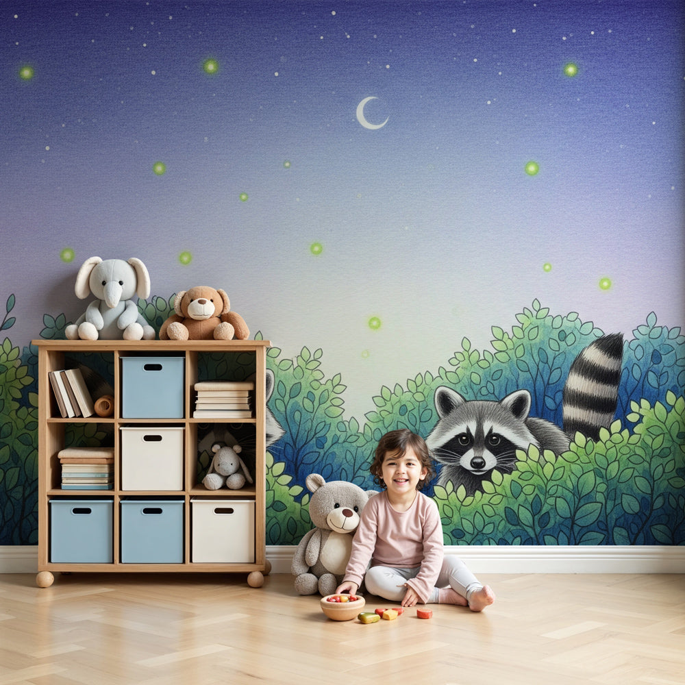 Raccoon starry night mural wallpaper in modern kids bedroom with wooden furniture by Kids-Mundo