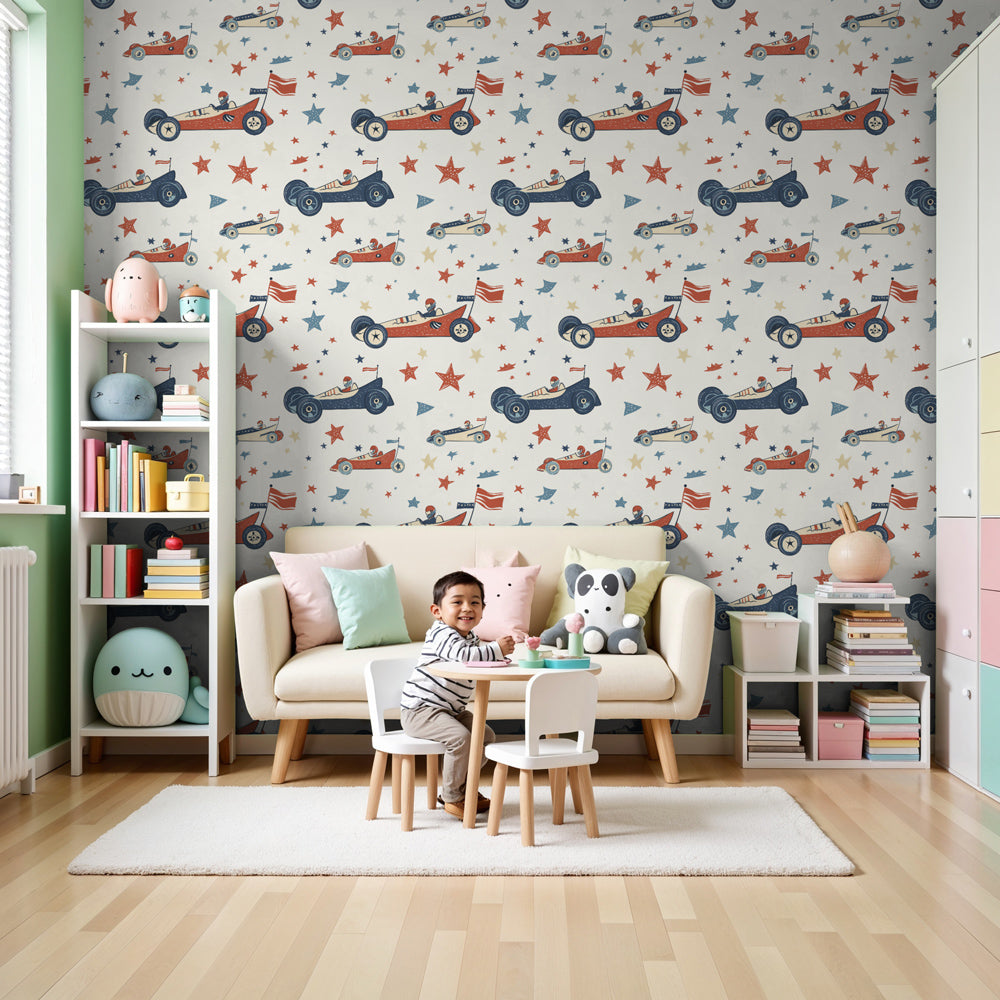 Vintage racing cars mural wallpaper creating dynamic boys bedroom decor by Kids-Mundo