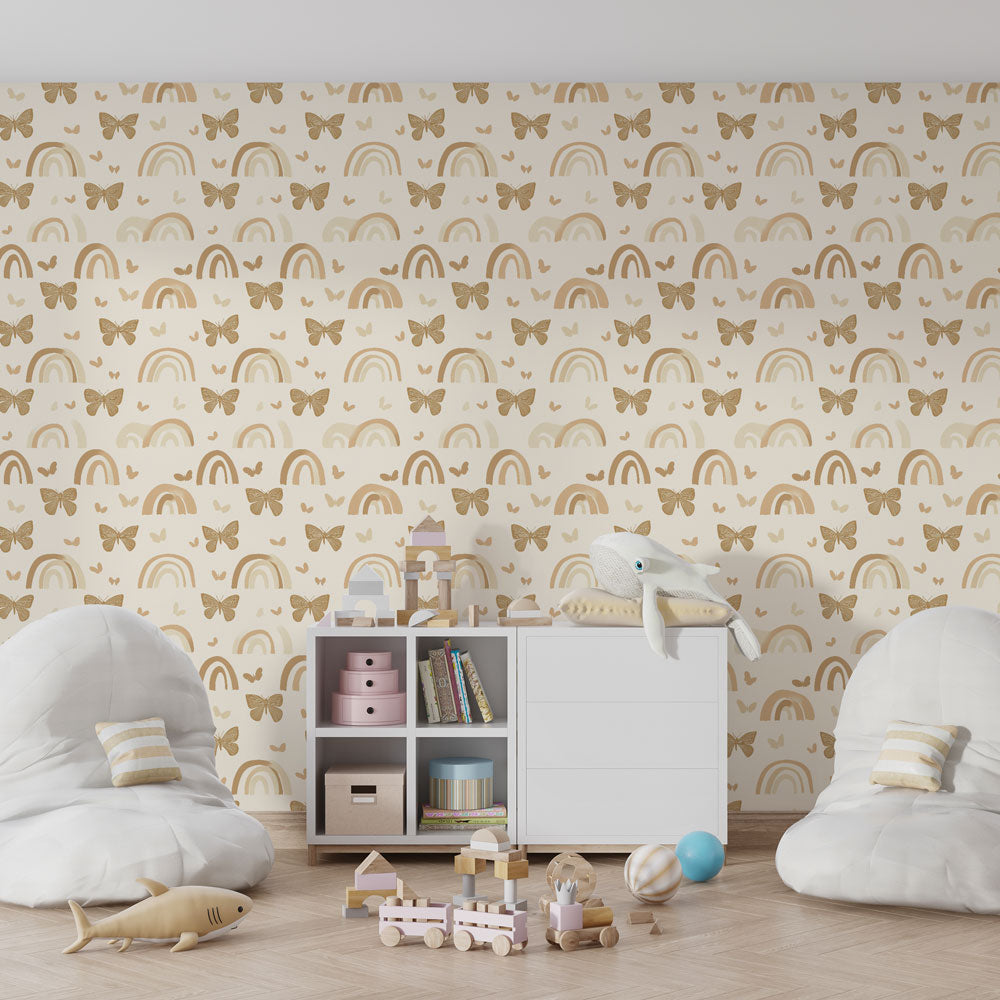 Golden butterfly and rainbow wallpaper creating magical children's bedroom decor with natural wood furniture