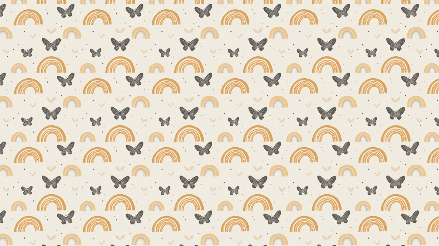 Detailed rainbow butterfly mural wallpaper design pattern in soft grays and beiges by Kids-Mundo