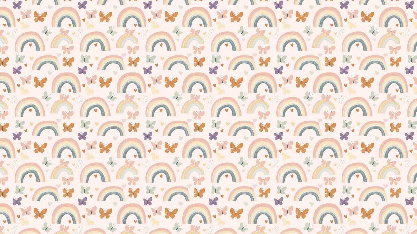 Kids-Mundo flat artwork preview of the repeating rainbow and butterfly mural pattern