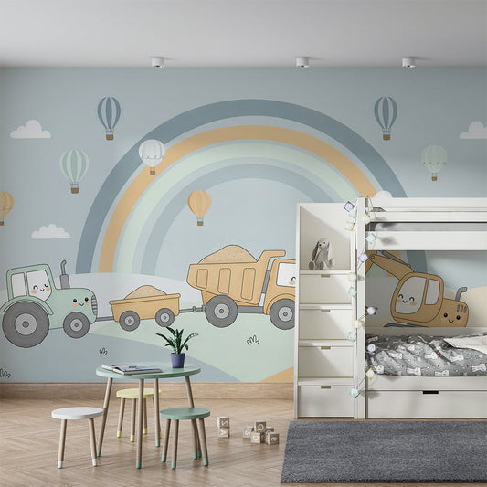 Kids-Mundo tractor and digger rainbow mural styled in a kids bedroom with hot air balloons