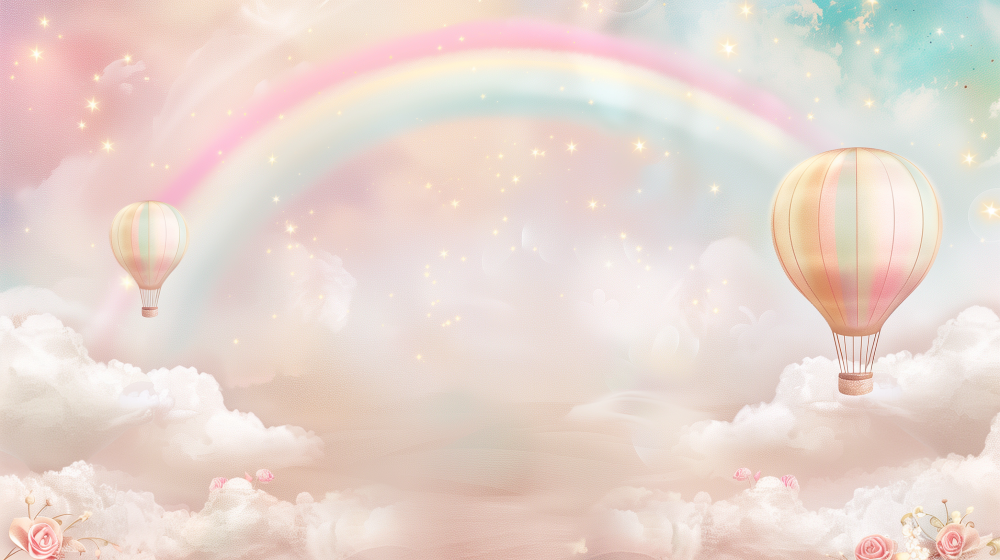 Pastel Rainbow and Hot Air Balloons Wall Mural