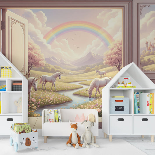 Kids-Mundo rainbow unicorn door mural on a kids' bedroom wall with a sunlit meadow scene