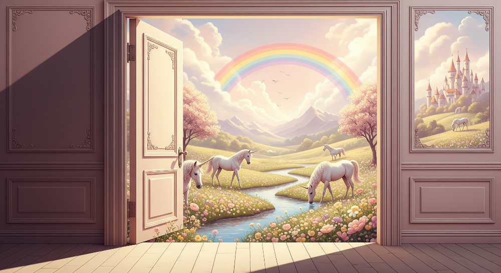 Open Door to a Rainbow Unicorn Meadow Wall Mural