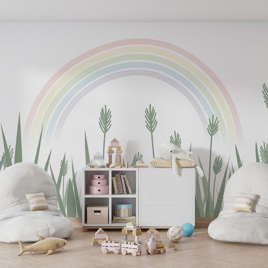 Kids-Mundo rainbow meadow wall mural behind a bed in a soft, modern kids bedroom