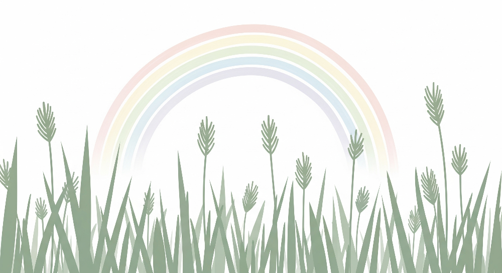 Flat artwork of the Kids-Mundo pastel rainbow wall mural with silhouetted meadow grass