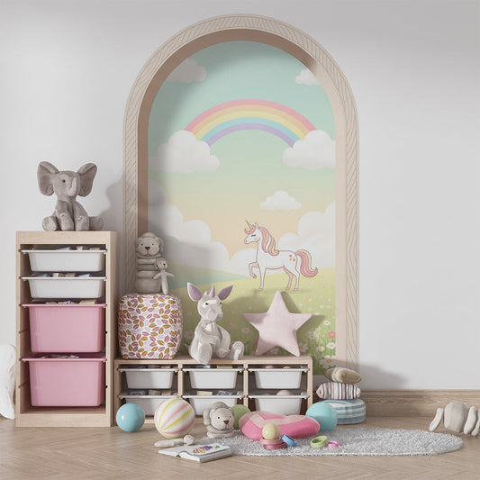 Kids-Mundo unicorn wall mural featuring a pastel rainbow arch, styled in a child's bedroom.