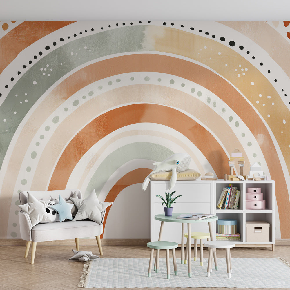 Multicolored rainbow wallpaper with gentle pastels in modern baby bedroom decor