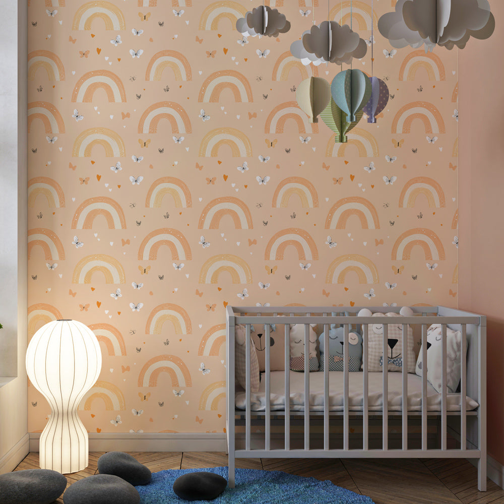 Gentle rainbow wallpaper with butterflies creating magical atmosphere in children's bedroom