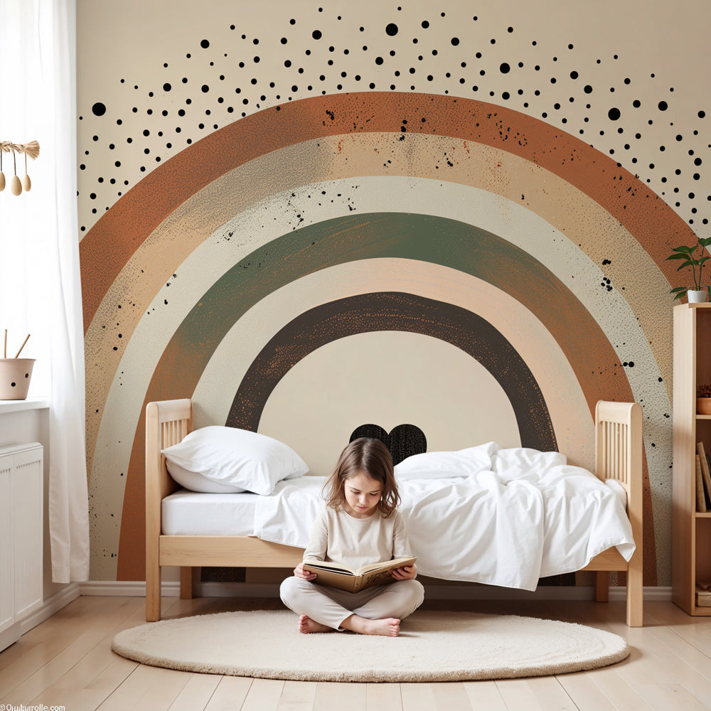 Bohemian rainbow mural wallpaper in warm beige tones decorating modern baby nursery by Kids-Mundo