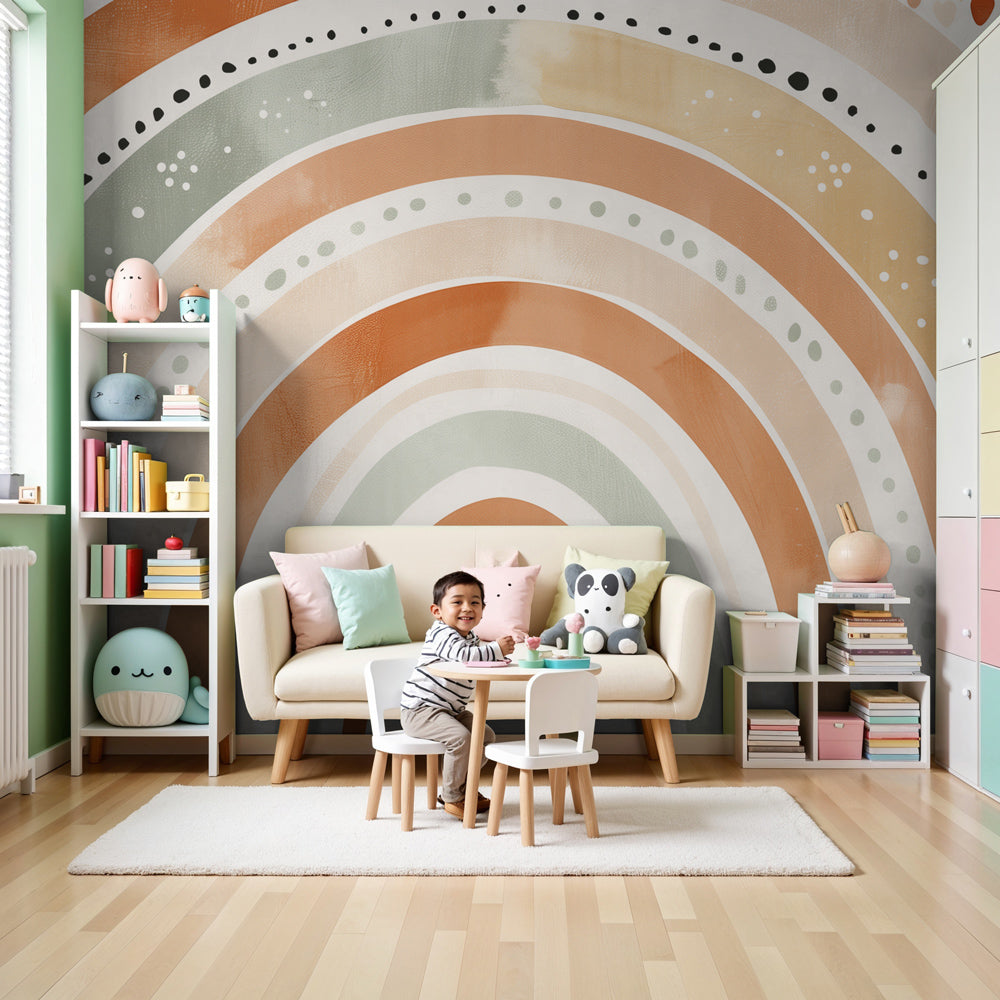 Soft bohemian rainbow mural wallpaper creating peaceful nursery atmosphere by Kids-Mundo