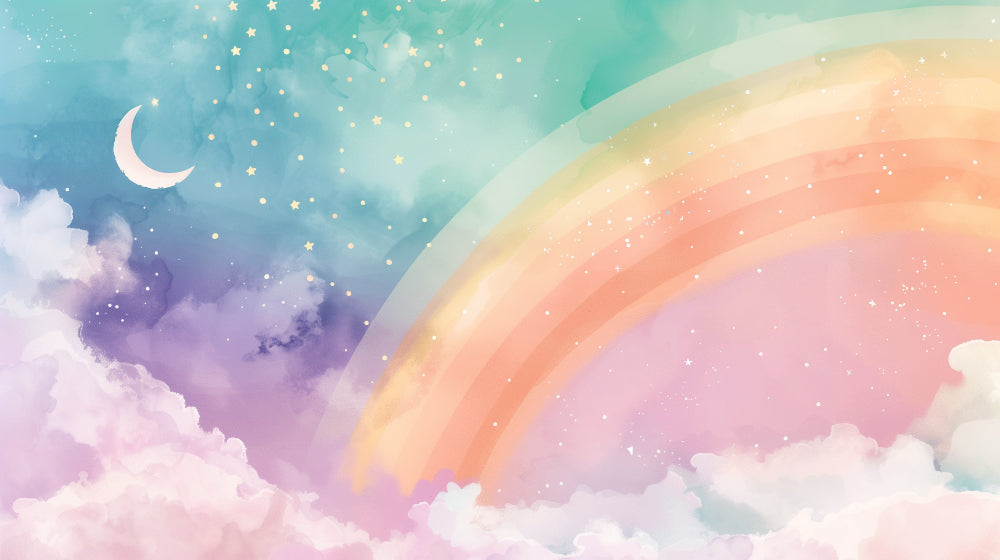 Detailed rainbow and celestial sky mural wallpaper design pattern with moon and stars by Kids-Mundo
