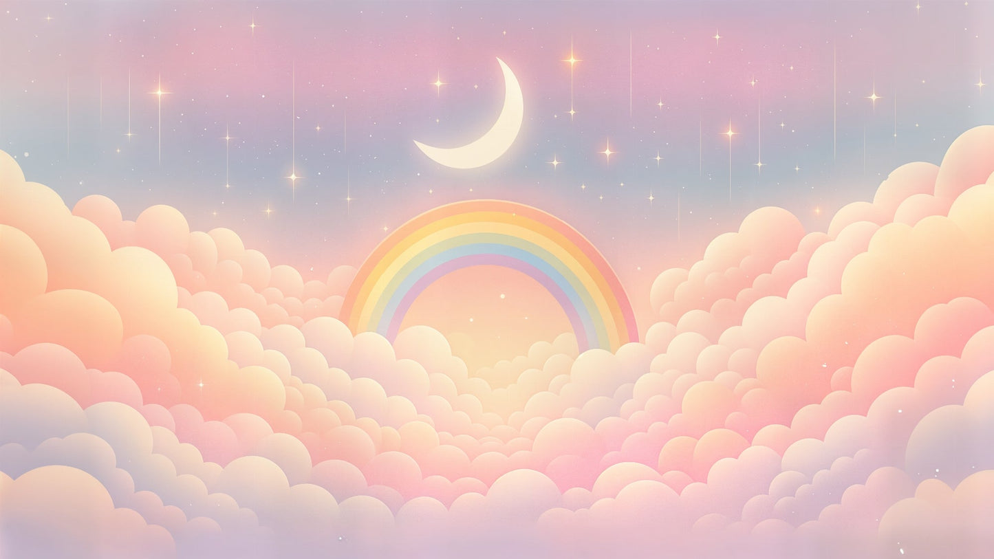Detailed rainbow mural wallpaper design pattern with pastel clouds and stars by Kids-Mundo