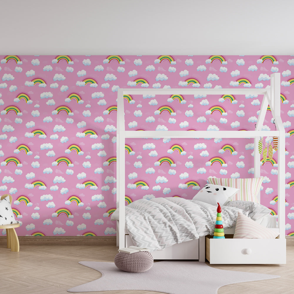 Colorful rainbow wallpaper creating magical atmosphere in children's bedroom decor