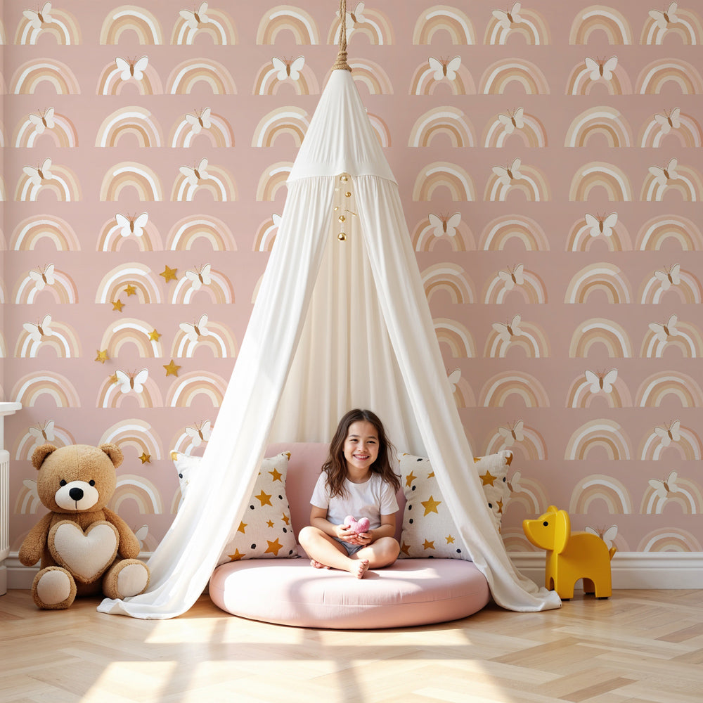 Rainbow butterfly mural wallpaper creating magical nursery atmosphere with soft pastel colors by Kids-Mundo