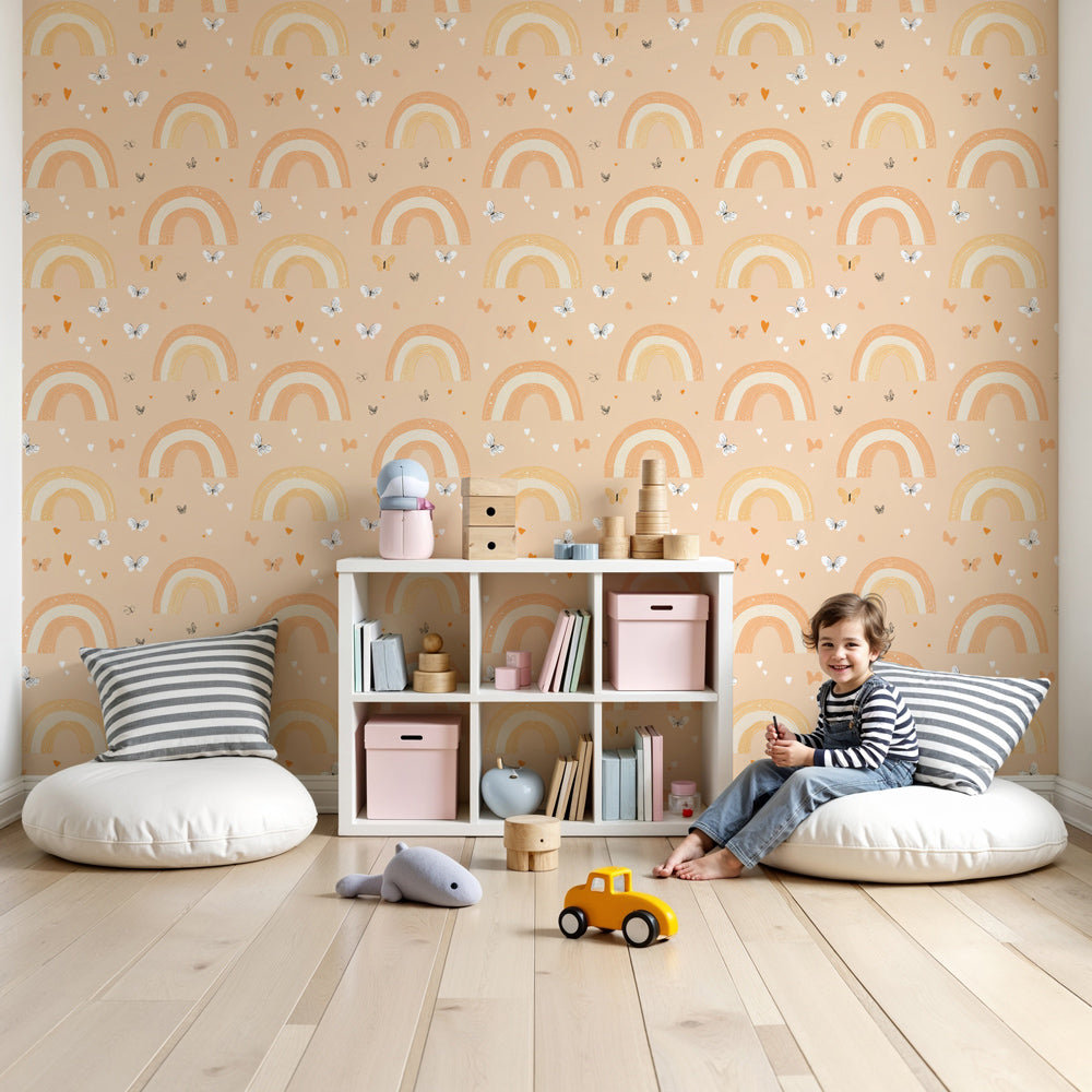 Rainbow butterfly mural wallpaper in soft pastels decorating a cozy nursery room by Kids-Mundo