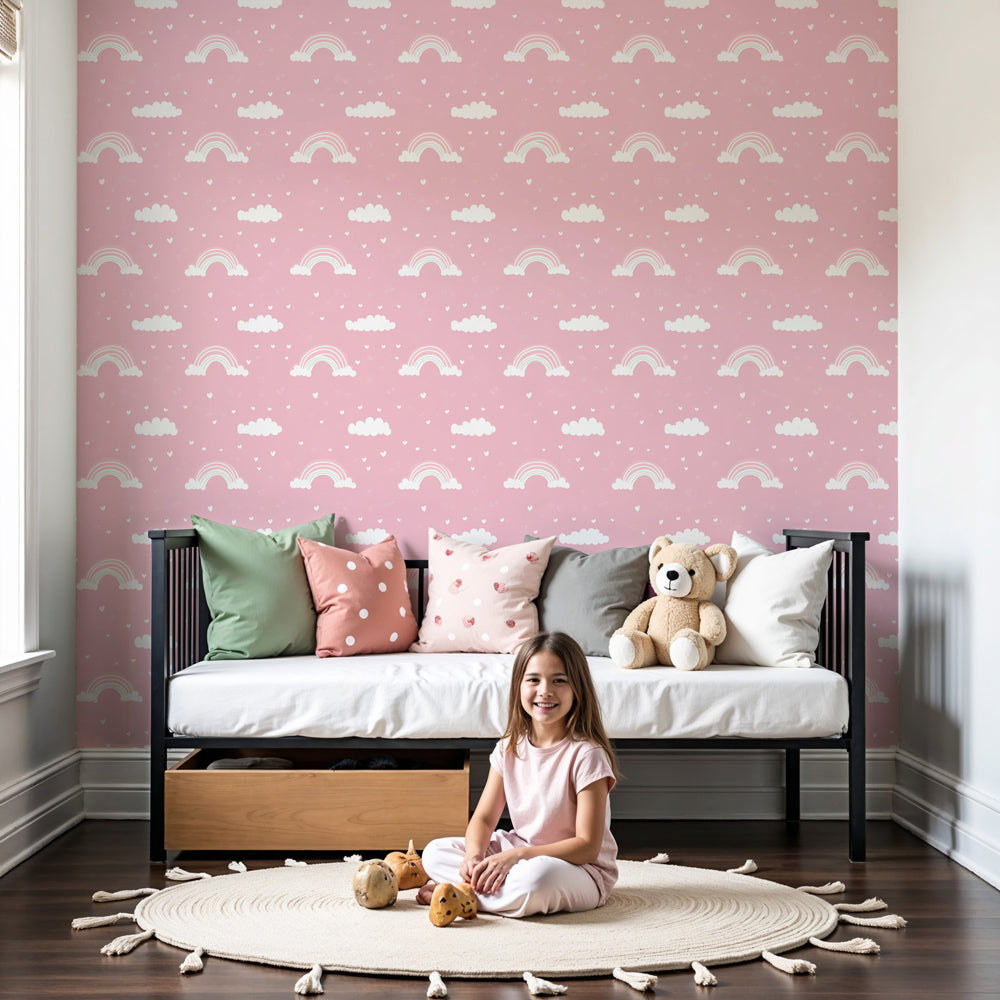 Rainbow sky mural wallpaper with pink clouds creating magical nursery decor by Kids-Mundo