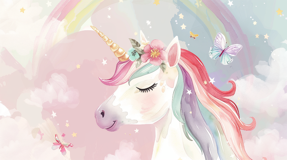 Rainbow Unicorn with Flower Crown Wall Mural