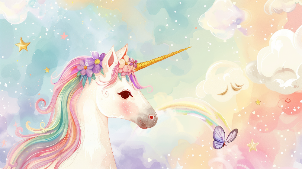 Magical Rainbow Unicorn with Flower Crown Wall Mural