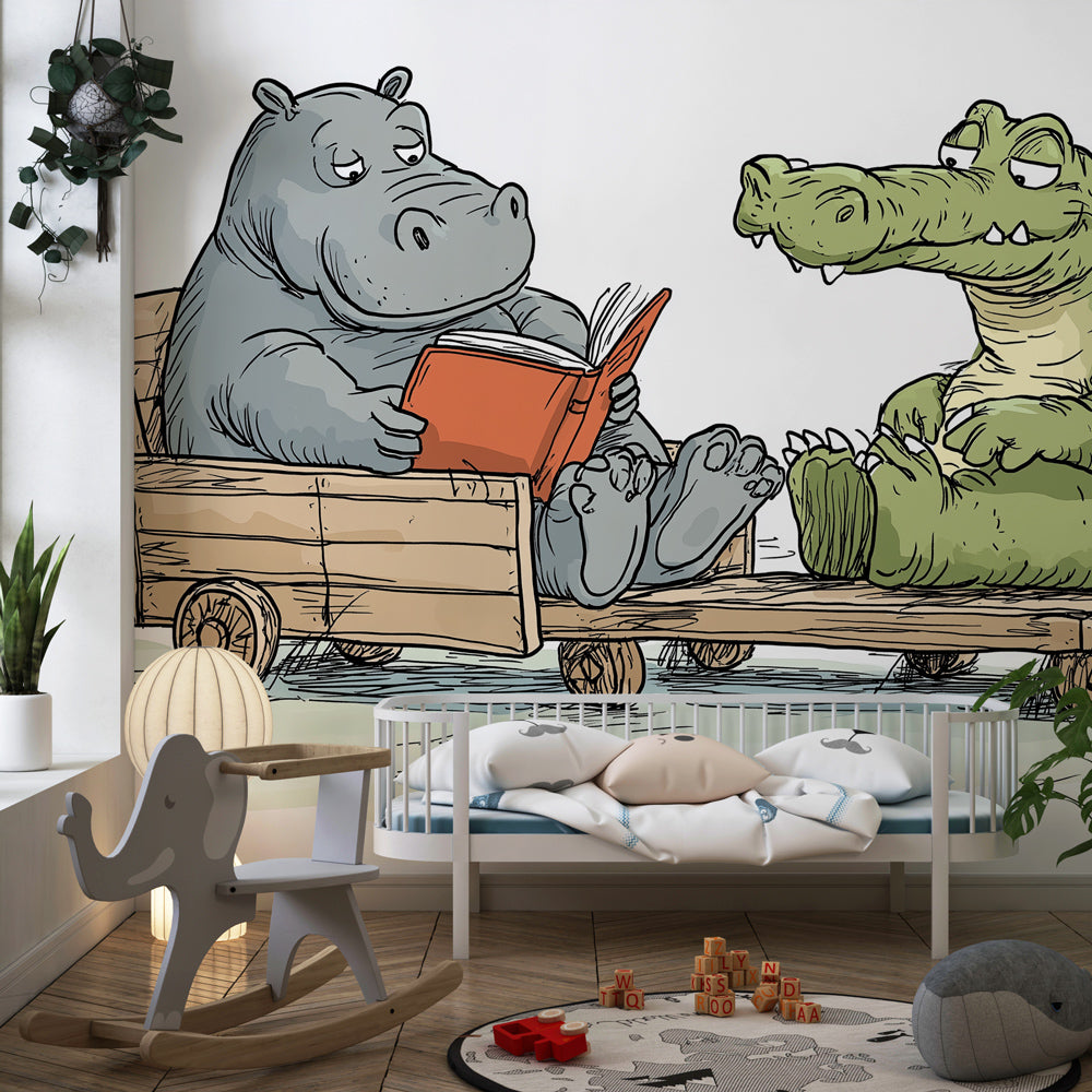 Hippo crocodile reading wallpaper creating educational nursery decor with green tones