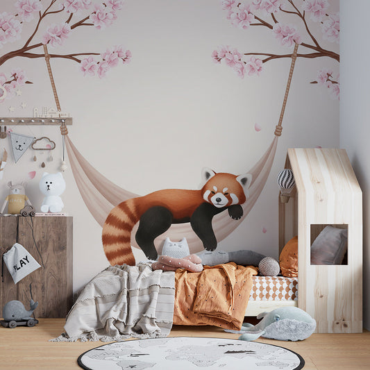 Kids-Mundo sleepy red panda cherry blossom wall mural on a feature wall in a child's kids bedroom