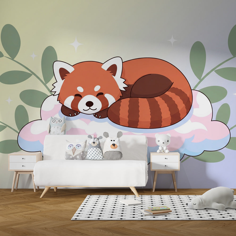 Dreamy red panda wallpaper with stars and clouds in modern kids bedroom setting