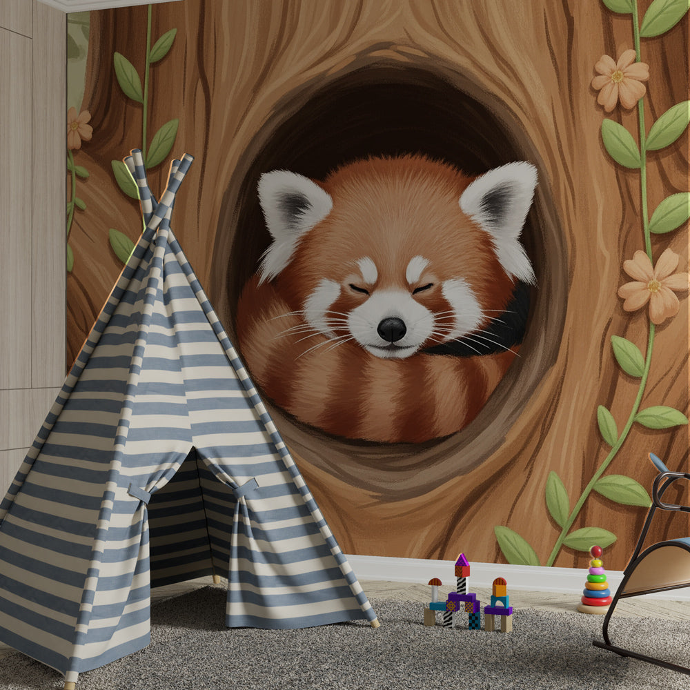 Forest animal wallpaper featuring sleeping red panda in cozy kids bedroom decor
