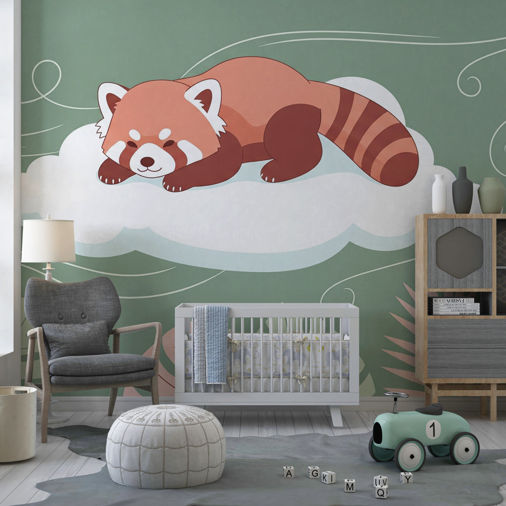 Peaceful red panda cloud wallpaper creating serene atmosphere in kids bedroom