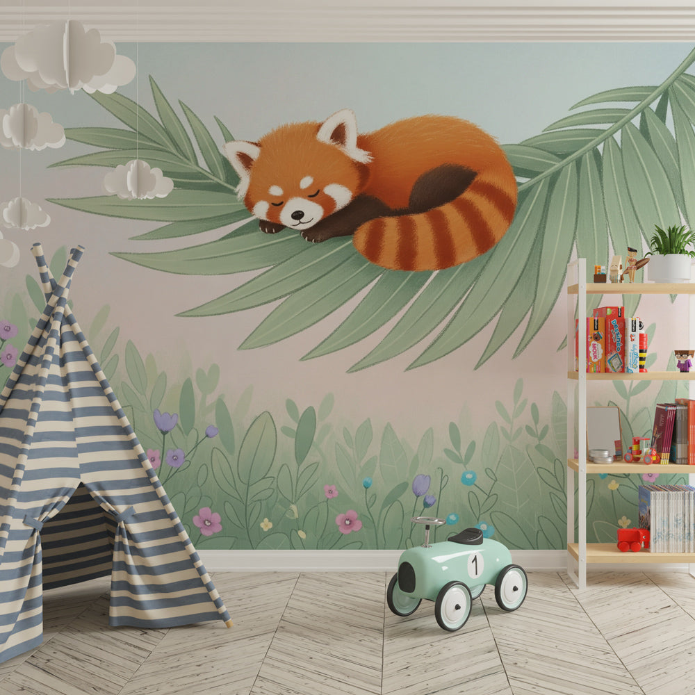 Peaceful red panda wallpaper in modern kids bedroom with natural woodland design by Kids-Mundo