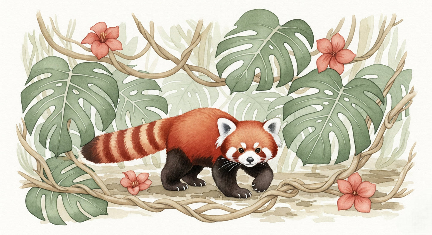 Detailed red panda jungle mural wallpaper design pattern with tropical foliage by Kids-Mundo