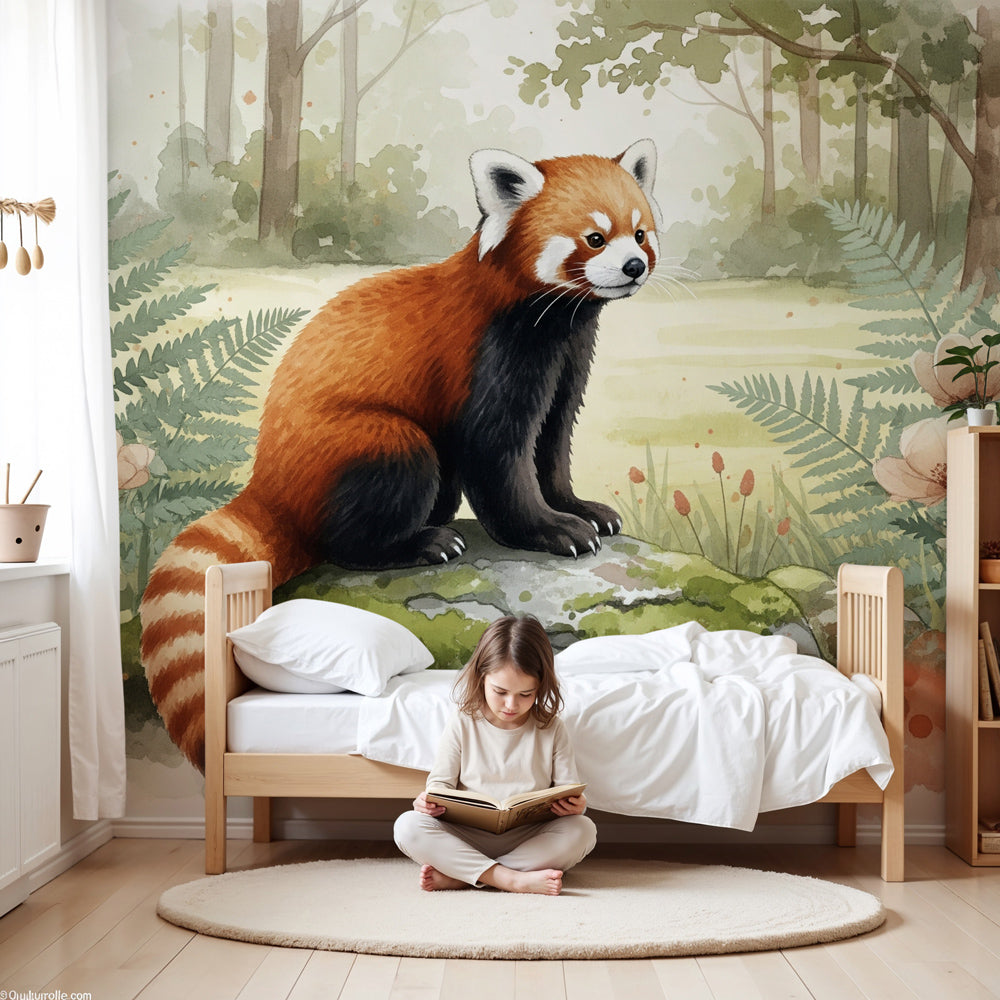 Red panda forest mural wallpaper creating peaceful woodland nursery decor by Kids-Mundo