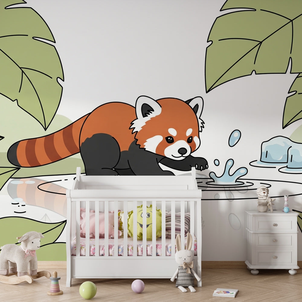 Playful red panda wallpaper creating adventure-themed children's bedroom decor