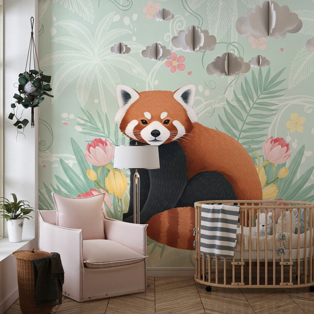 Tropical red panda wallpaper creating magical children's bedroom decor with floral elements